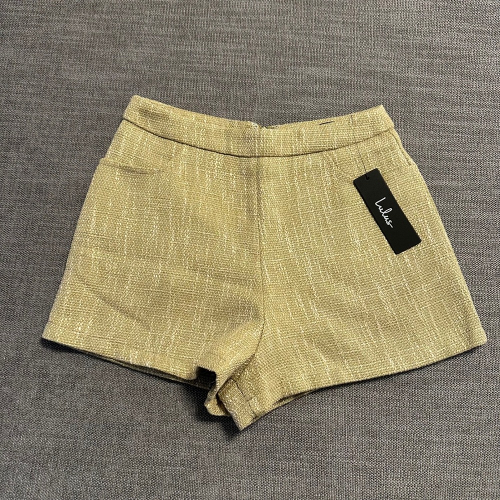 Lulus Tweed Shorts Womens XS Green Yellow NEW High Waisted Textured Woven